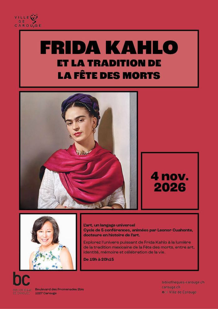 Image de Frida Kahlo vêtue d'un haut blanc avec un foulard rouge autour des épaules et coiffée  d'un bandeau violet.