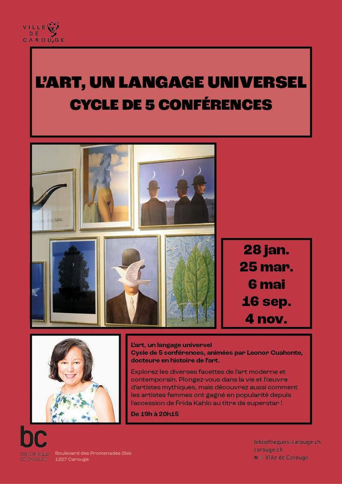 Première image avec différents tableaux du peintre Magritte et deuxième image avec une femme souriante.
