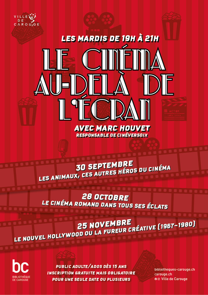 DR Image rouge avec en fond des icônes de popcorn, billets de cinéma, bobines et micro.