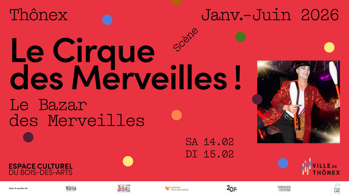 Sur fond rouge, on y retrouve des petits points de couleurs avec les informations à gauche de l'image et une photo sur la droite