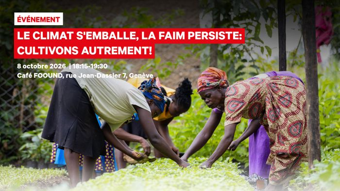 Affiche d’un événement sur l’agroécologie. Plusieurs femmes cultivent ensemble un champ verdoyant. Rendez-vous le 8 octobre 2026, de 18h15 à 19h30, au Café Foound à Genève.