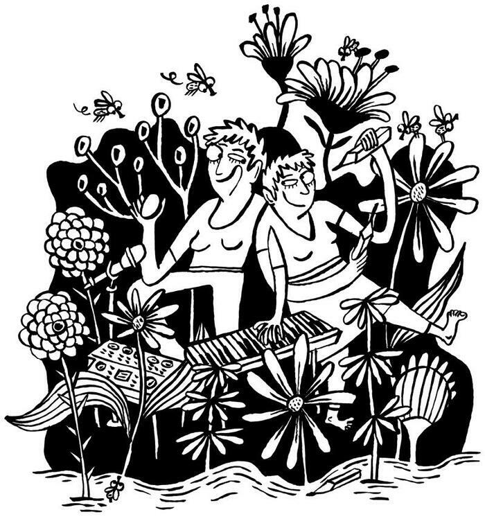 Visuel en noir et blanc de deux sœurs au milieu de fleurs