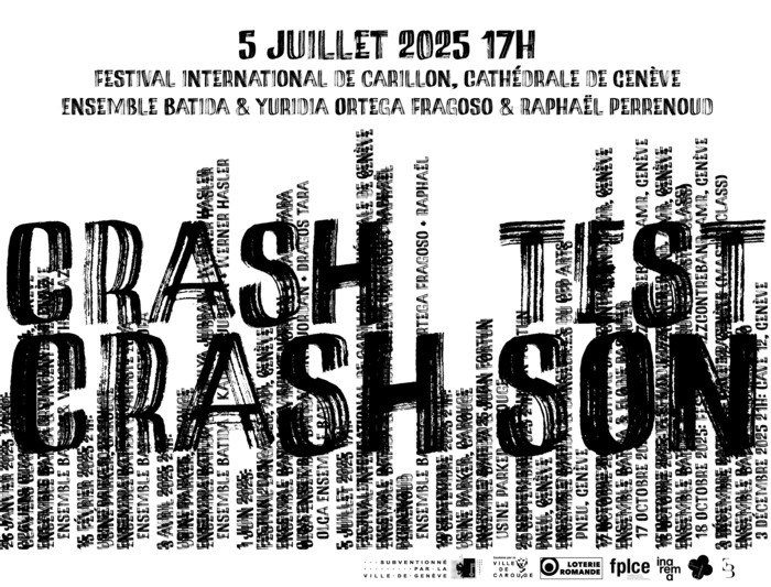 Graphisme: K&A (Karla Isidorou & Alexandra Bellon) Lettres noires CRASH TEST CRASH SON au pinceau, avec les informations de l'événement. En vertical, les noms des invités de cette année répétés sur toute la partie inférieure de l'affiche (peu lisibles, comme un tampon)