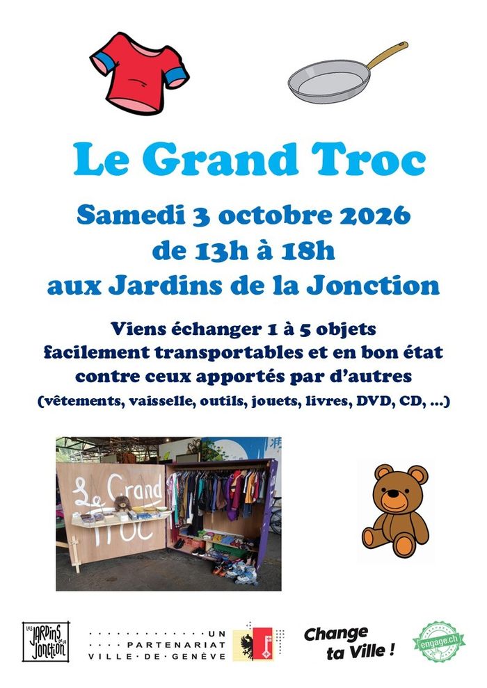 Photo du troc et dessins d’un t-shirt, d’une poêle et d’un ours en peluche.