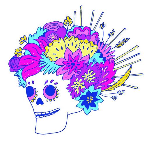 Dessin d'un crane humain avec des fleurs colorées