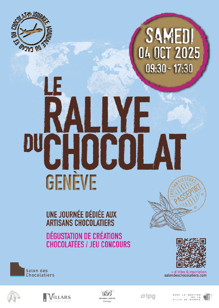 affiche fond bleu avec mappemonde blanche et titre de l'évènement Le rallye du chocolat de Genève 2025, date le samedi 4 octobre de 9h30 à 17h30, une journée dédiée aux artisans chocolatiers et dégustation de créations chocolatées.