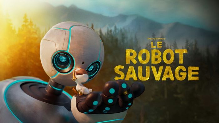 Image du film d'animation Le robot sauvage. On observe un robot qui tient un petit oiseau blanc au bec jaune, en arrière plan, une forêt et des montagnes