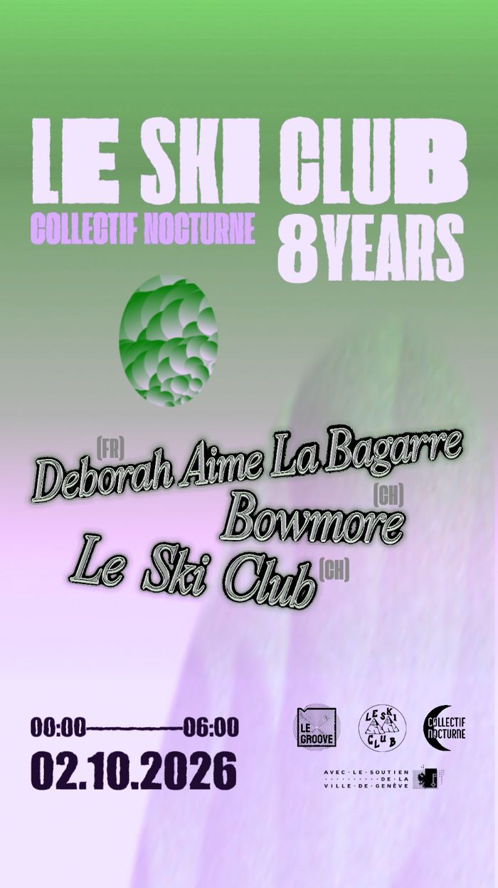 Fond vert dégradé en violet, avec les mots de l'affiche de l'évènement de SKI CLUB 8 YEARS x Collectif Nocturne