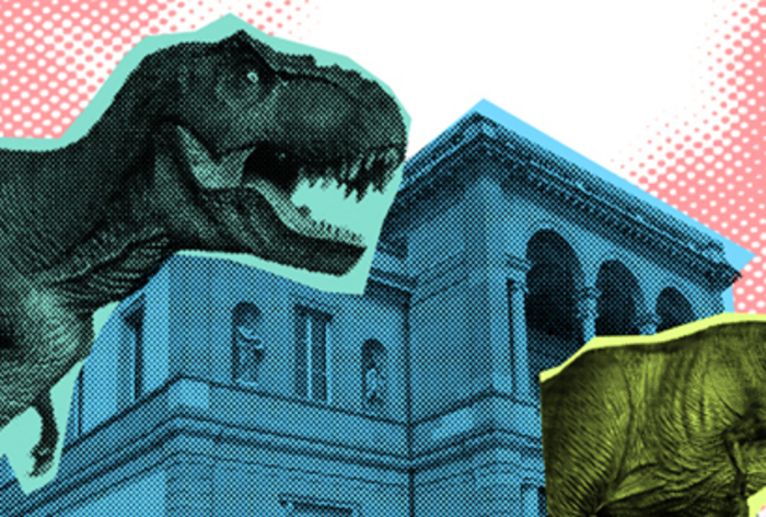 Muséum Genève Illustration d'un T-Rex devant le Musée d'histoire des sciences, Muséum Genève