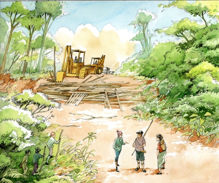 Amandine Puntous Une illustration en couleur qui représente un engins de chantier qui coupe et débarrasse des troncs d'arbres qui viennent d'être abattus