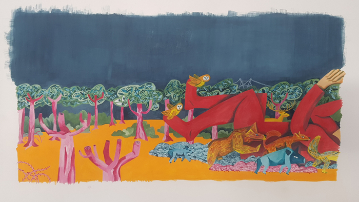 Kam une illustration qui représente un enfant qui perçoit une grande ville derrière des arbres