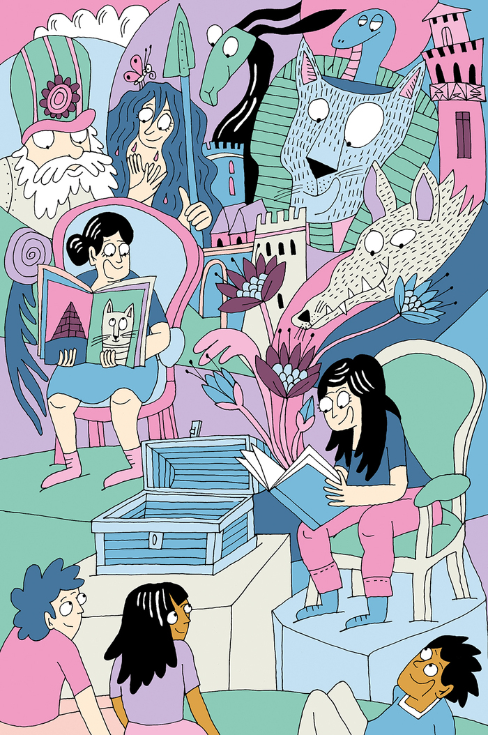 Illustration d'Albertine Barman représentant un groupe d'enfants assis écoutant une histoire