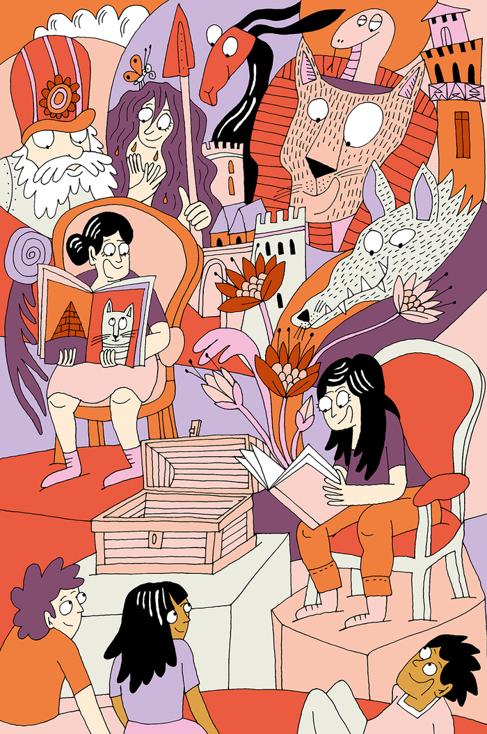 Illustration d'Albertine Barman représentant un groupe d'enfants assis écoutant une histoire