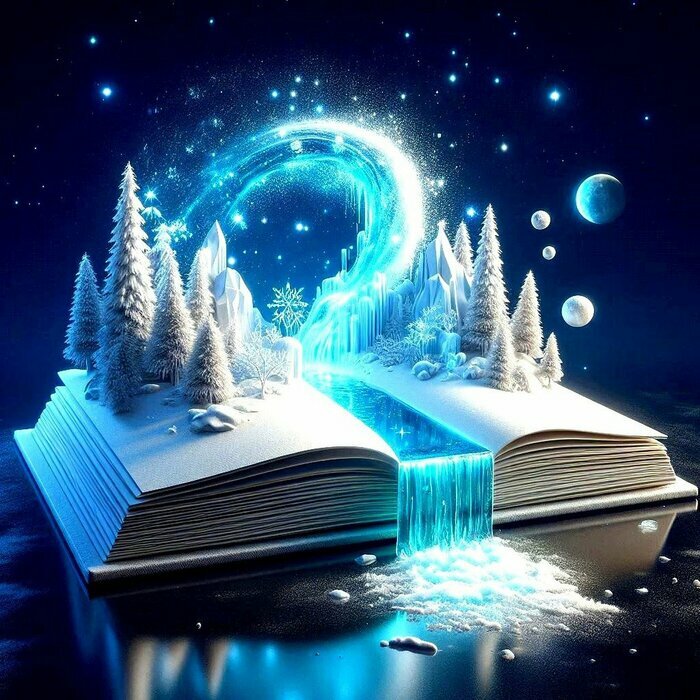 enfant qui lit un livre a côté d'un bonhomme de neige