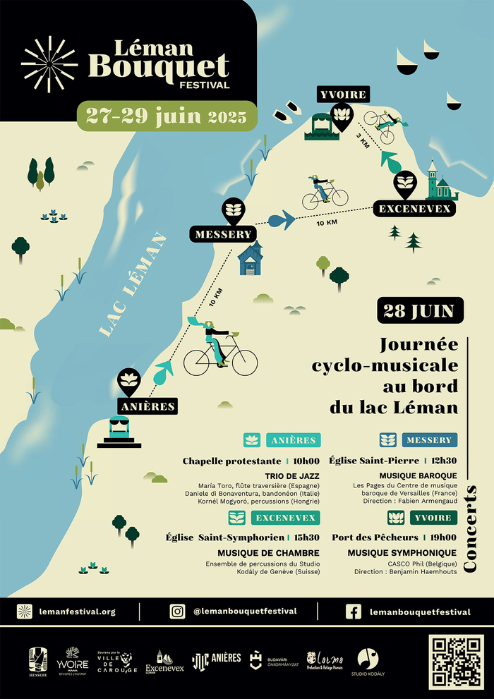 Léman Bouquet Festival L'affiche du Léman Bouquet Festival 2025 est colorée et illustrée avec un style épuré et moderne. Elle présente une carte stylisée du lac Léman et de ses environs, avec un itinéraire de cyclotourisme reliant plusieurs villes en France (Messery, Excenevex, Yvoire) et en Suisse (Anières).
Éléments visuels :
Une carte du lac Léman, avec des repères pour chaque ville participante.
Des icônes de cyclistes indiquant les trajets et distances entre les étapes (10 km entre certaines villes, 3 km entre…