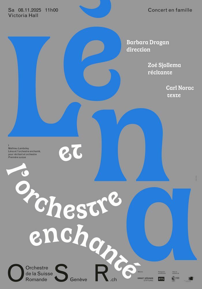 Affiche de la soirée sur fond gris Léna et l'orchestre enchanté avec les noms des solistes