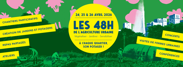 Potager au sein d'une ville, fond vert et légumes roses en arrière-plan