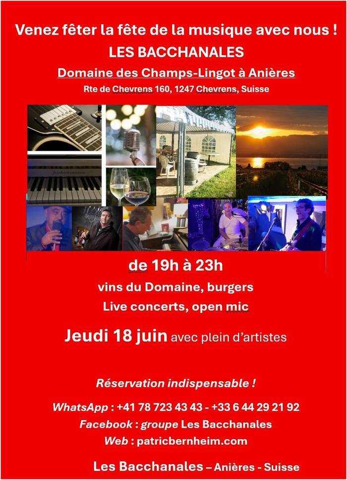 Jeudi 18 juin ce sera
*la fin du G7 et l'ouverture des frontières
*l'appel du Général de Gaulle
*la pré-fête des la musique
Nous vous invitons à venir festoyer au
Domaine des Champs-Lingot
Anières (Suisse)
LES BACCHANALES
Live Musique avec plein de musiciens
Vins du Domaine
de 19h à 23h
Open Mic pour les courageux 🎤🎙️
Danse floor 💃🕺
Fun
Sunset 🌞🌞
Party

réservez ici >
https://patricbernheim.com/concerts-live
+41 78 723 43 43
+33 6 44 29 21 92
info@patricbernheim.com