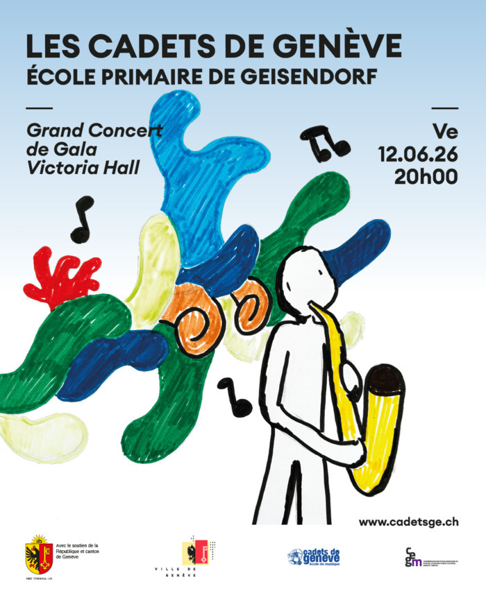L’affiche des Cadets de Genève en concert avec l’École primaire de Geisendorf le vendredi 12 juin à 20h au Victoria Hall représente un enfant jouant du saxophone. Dessiné par Tim, le trait est celui d’un enfant, à la fois épuré et universel. La joie procurée par la musique se traduit par d’immenses vagues en forme d’algue au ton frais de la jeunesse et de l’océan.