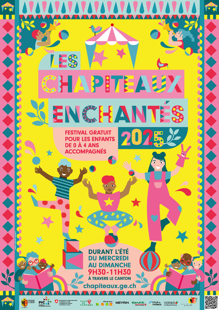 Bureau de l'intégration et de la Citoyenneté Identité visuelle du festival avec des personnes qui jouent de la musique, lisent des histoires.