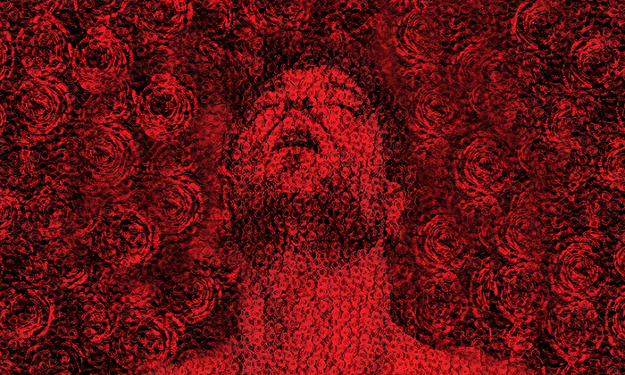 @racinesgraphiques La tête levée au ciel d'un homme entourée de roses rouges. Toute l'affiche est de dominance rouge.