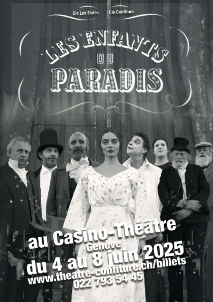 DR Une photo en noir et blanc des 8 protagonistes du spectacle habillés à la mode des années 40. En premier plan Garance dans une très belle robe blanche et derrière elle les 7 personnages masculins.