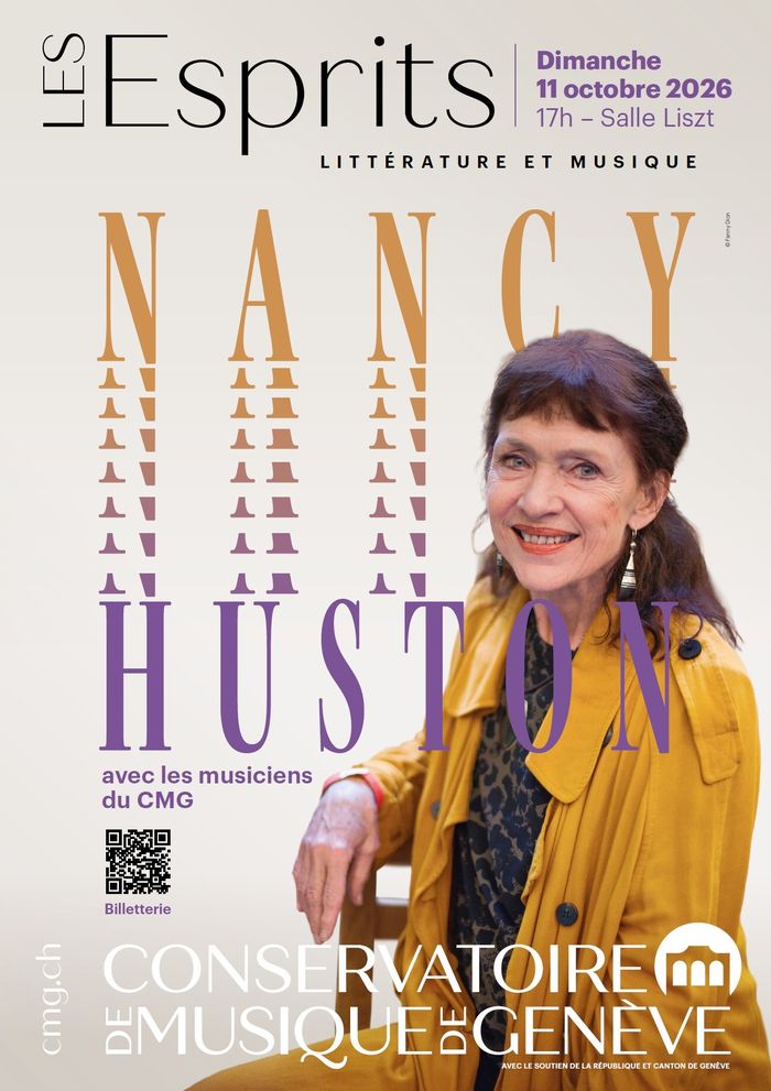 Visuels du rendez-vous avec Nancy Huston au Conservatoire de Genève, le dimanche 11 octobre 2026 à 17h.