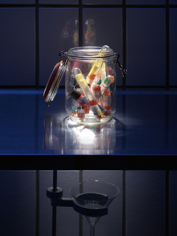 Bocal en verre avec à l'intérieur des tubes en verres avec des graines