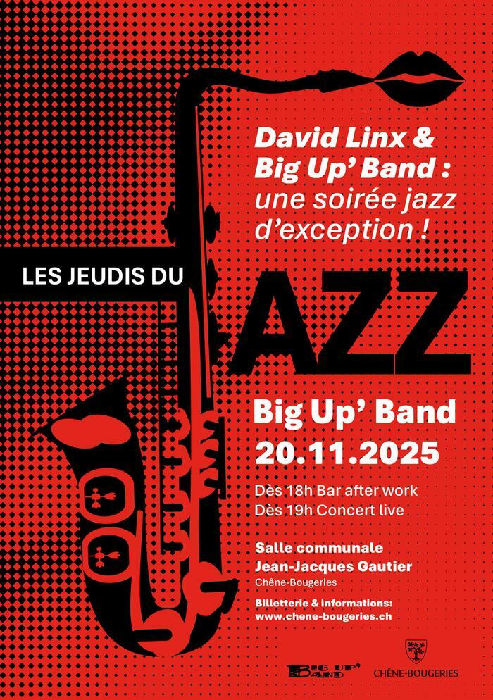 Un saxophone avec du texte indiquant la date, heure et lieu de l'événement