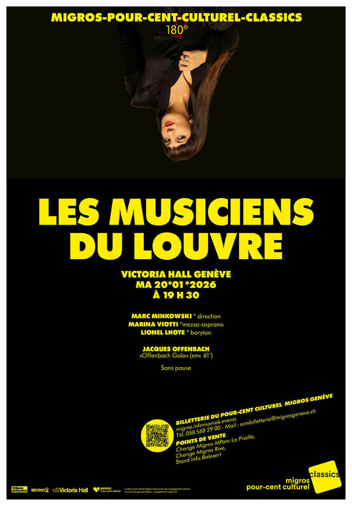 Affiche du concert, sur fond noir et avec la soliste Marina Viotti la tête à l’envers