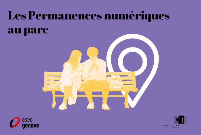 Visuel de présentation de l'événement Les Permanences numériques au parc, représentant 2 personnes sur un banc, devant un pictogramme symbolisant la localisation