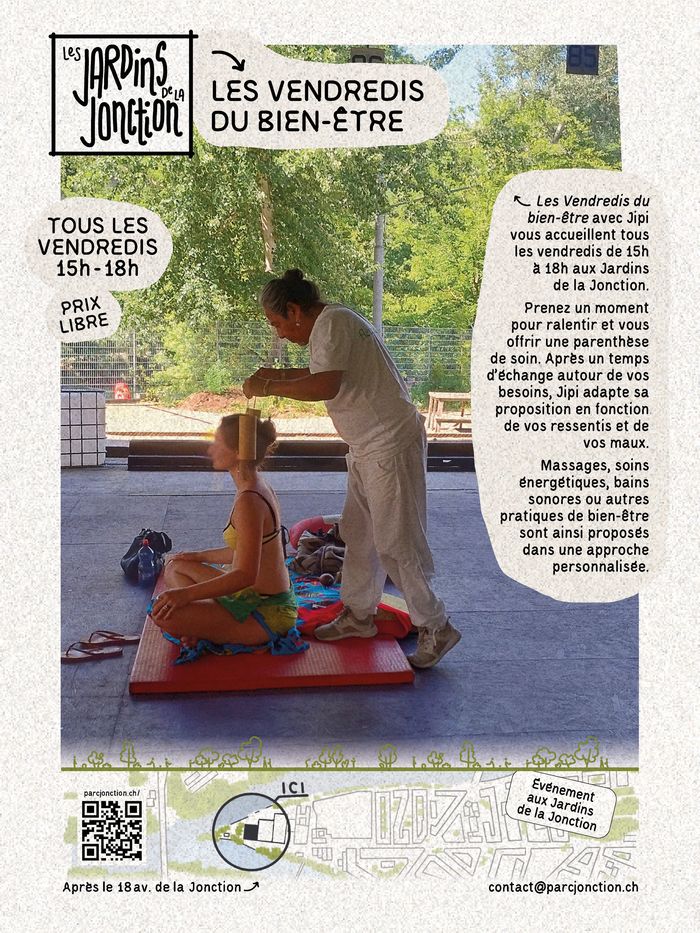 Jipi fait un soin sonore à une personne assise en tailleur aux Jardins de la Jonction