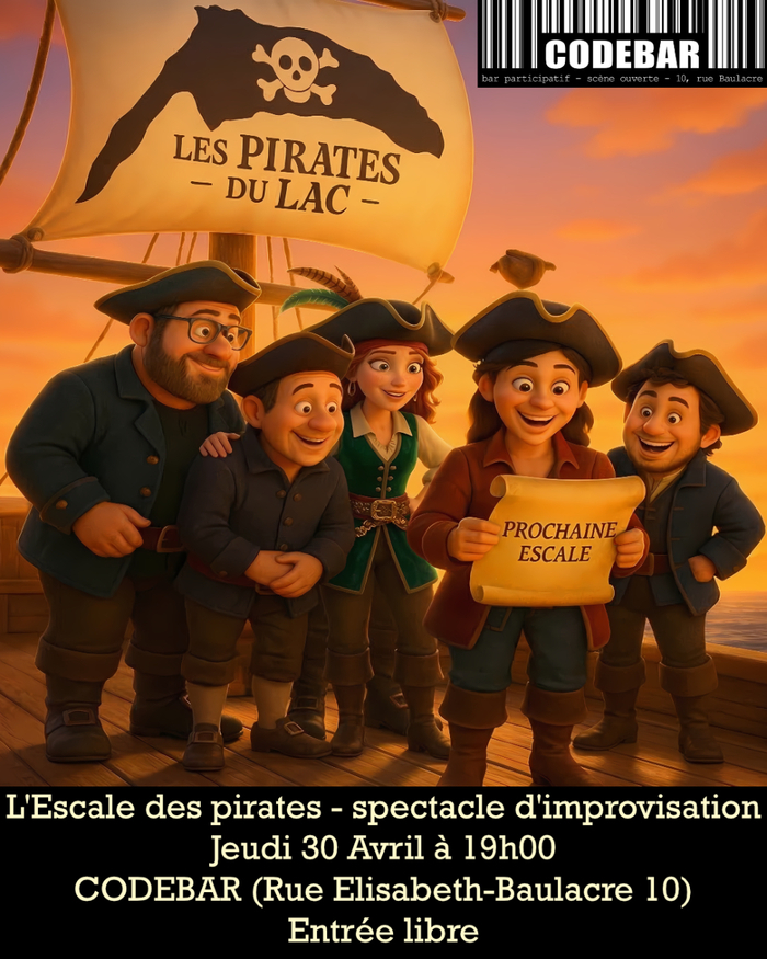 Affiche du spectacle d'improvisation « L'escale des pirates ». 

Au premier plan, cinq joyeux pirates en habits traditionnels (tricornes, vestes bleues, rouges et vertes) sont rassemblés sur le pont en bois de leur bateau. Le pirate central, au visage réjoui, tient et lit un vieux parchemin sur lequel est écrit : « PROCHAINE ESCALE ». Les autres pirates l'entourent, curieux et souriants.

À l'arrière-plan, sous un chaleureux coucher de soleil doré, la grande voile beige du navire arbore un…