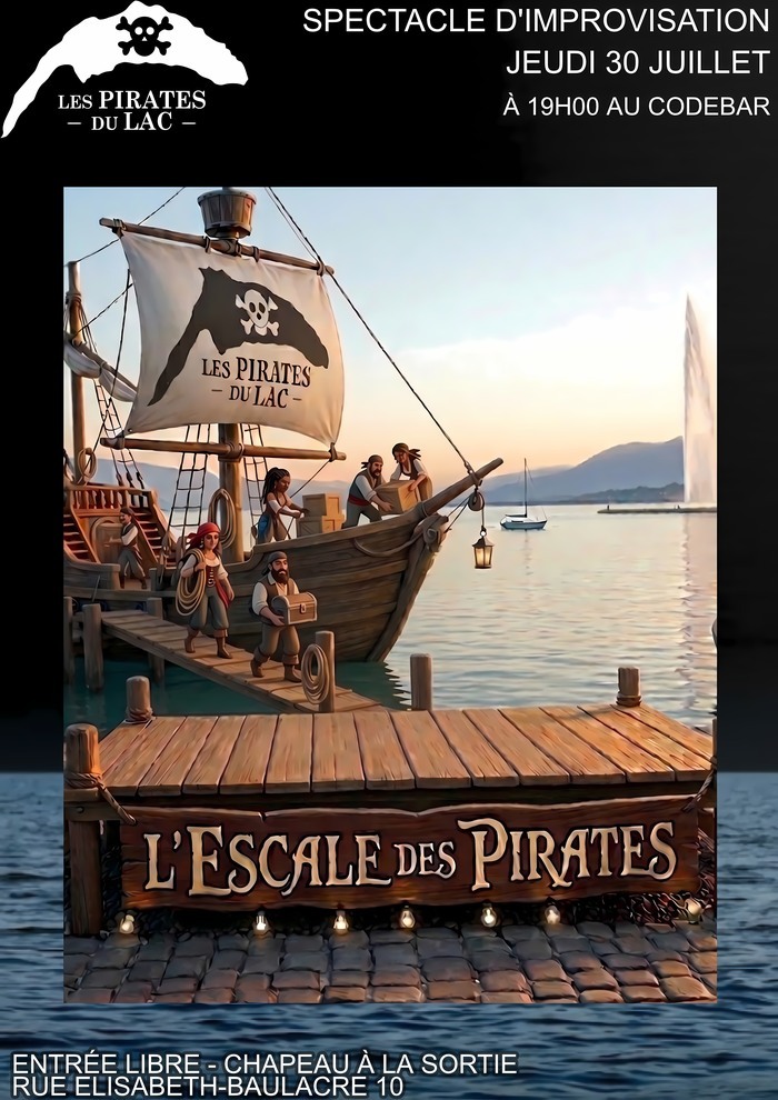 Affiche du spectacle d'improvisation « L'escale des pirates ». 

Au premier plan, une estrade de théatre fiche qui présente le nom du spectacl.

À l'arrière-plan, sous un chaleureux coucher de soleil doré, la grande voile beige du navire arbore un grand logo de la troupe sur la voile pendant que les pirates rangent gentillement leur navire pour descendre faire escale.