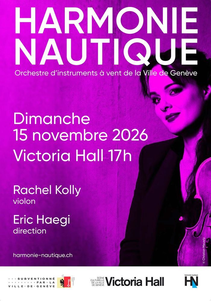 Sur un fond violet, on voit la soliste Rachel Kolly et les informations sur le concert.