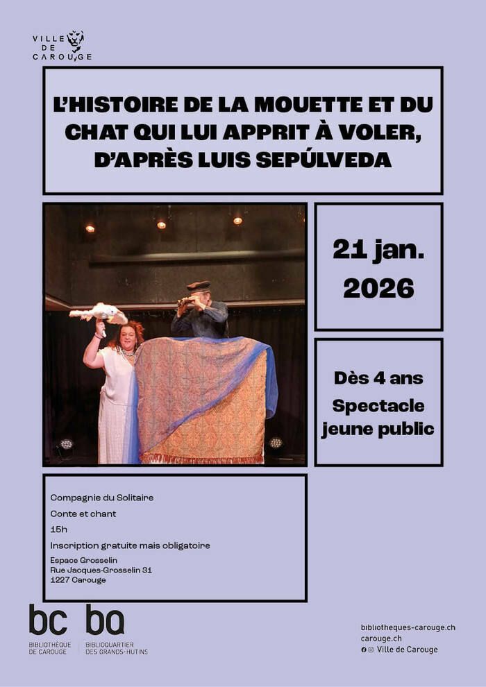 Sur l'image se tient une femme, tenant à la main une mouette blanche, et un homme regardant, à travers une longue-vue, l'horizon.