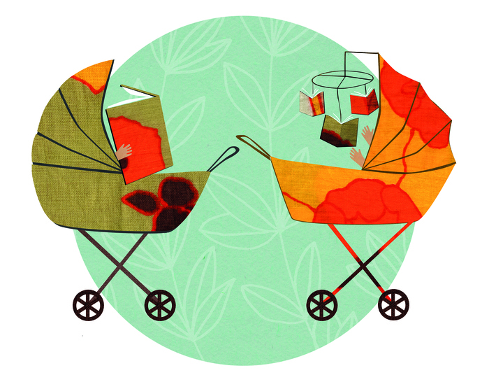 Olga Fabrizio une illustration d'Olga Fabrizio qui represente deux poussettes avec des bébés en interaction avec des livres