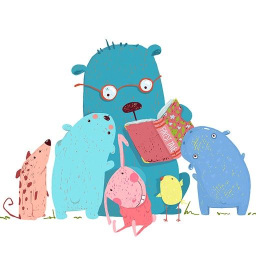 Un dessin d'animaux qui écoutent la lecture d'un livre