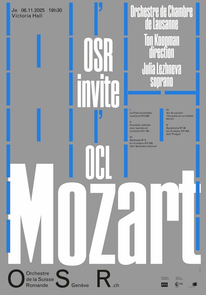 © Federal Studio Affiche de la soirée mentionnant sur fond gris et écrit en blanc l’Orchestre de Chambre de Lausanne au Victoria Hall dans le cadre de la saison 2025-26 de l'OSR.