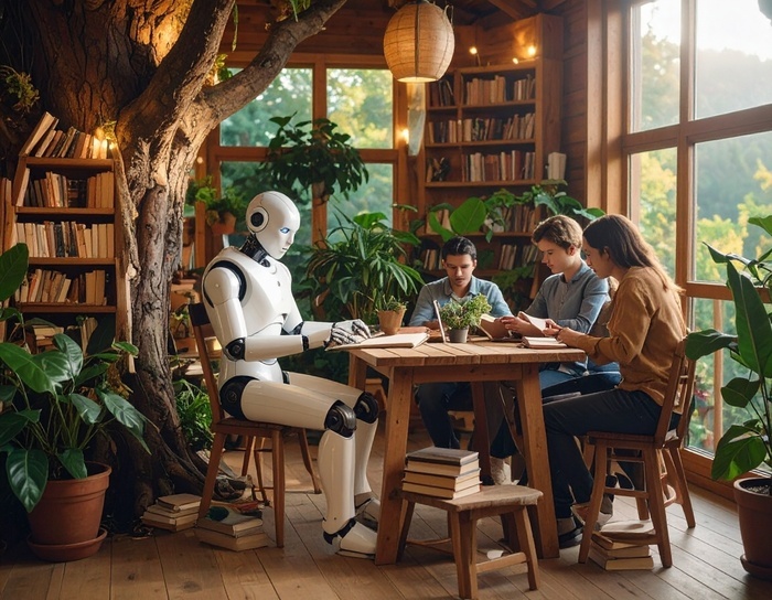 Image générée par ia d'un groupe de personnes, dont un robot, autour d'une table en train de lire. Iels sont dans un intérieur rempli de livres, de plantes et très lumineux
