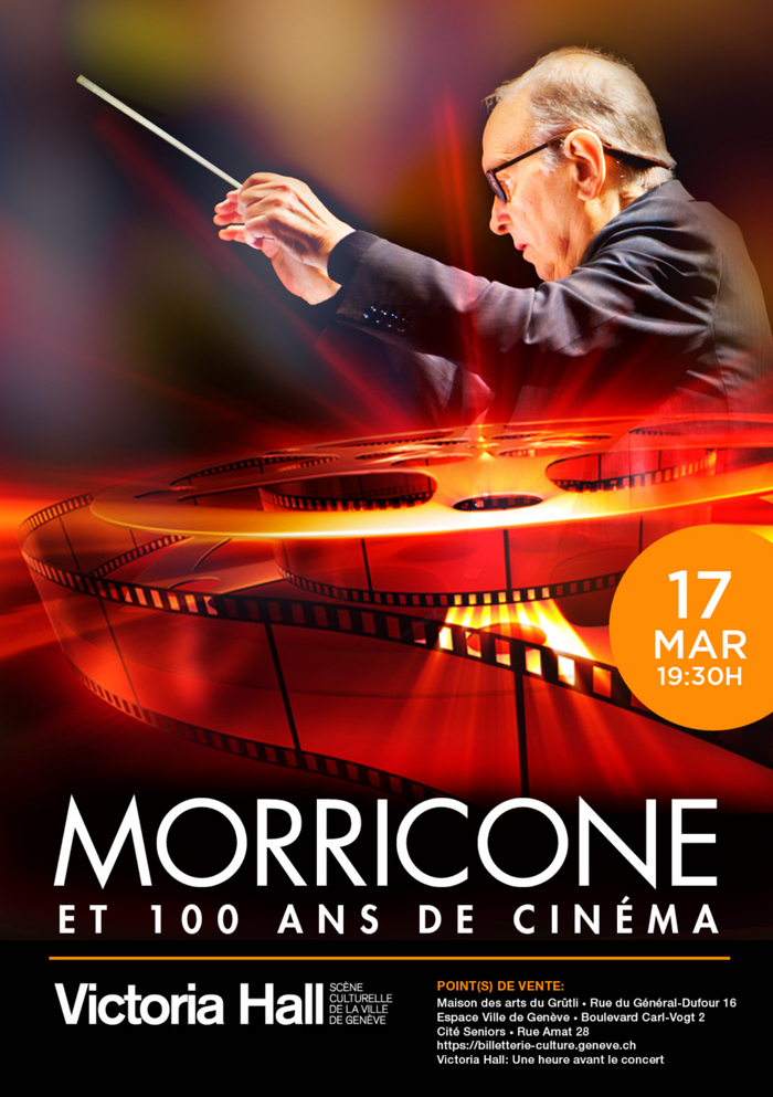 Affiche de la soirée - une pélicule de film sur fond noir/orangée, montant un Maestro dirigé