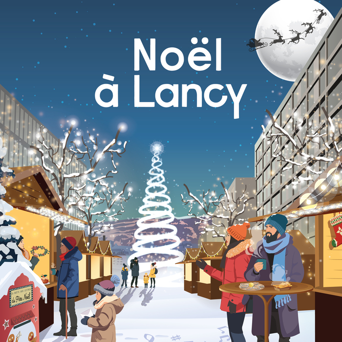 DR Nous voyons des chalets sur une place avec des personnes qui mangent, boivent, achète des cadeau ou postes des lettres au Père Noël