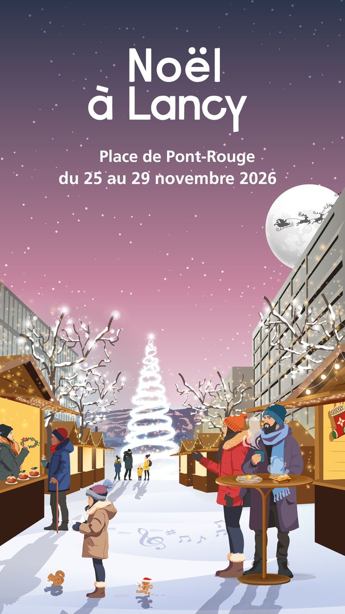 Nous voyons des chalets sur une place avec des personnes qui mangent, boivent, achète des cadeau ou postes des lettres au Père Noël