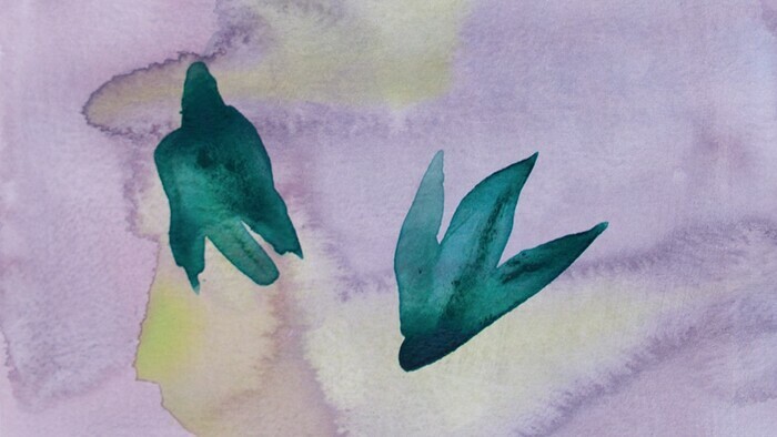 Aquarelle réalisée par Marie Ducaté : on y voit des oiseaux sur un fond violet jaune