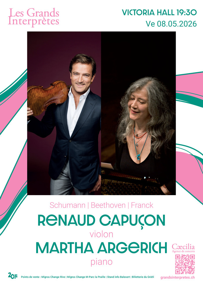 Nouvelle date pour ce concert de Martha Argerich & Renaud Capuçon. Sur un fond rose, affiche de la soirée.