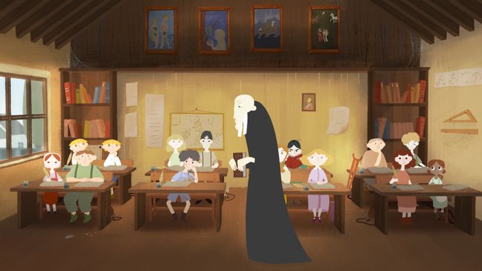 Dans le dessin on voit des enfants assis en classe alors que l'instituteur en tunique noir tient un volume dans ses mains