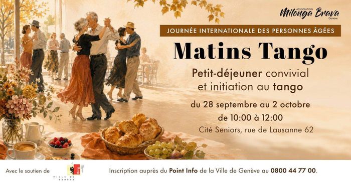 Couple dansant le tango dans un milonga, avec le titre et les dates de l'événement.Couple dansant le tango dans un milonga, avec le titre et les dates de l'événement.