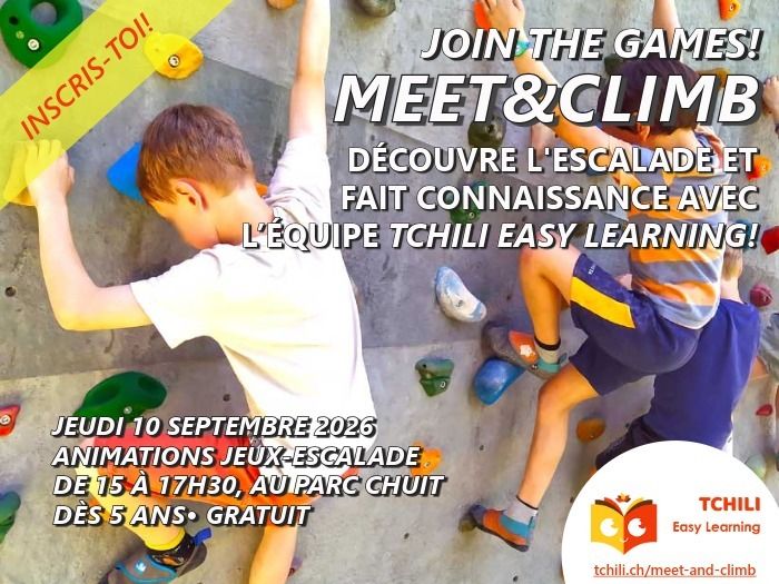 Visuel de l'évènement Meet&Climb automne '26 représentant des enfants grimpant sur un bloc d'escalade