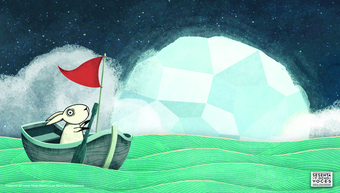 un lapin naviguant sur un bateau à voile rouge observant les astres