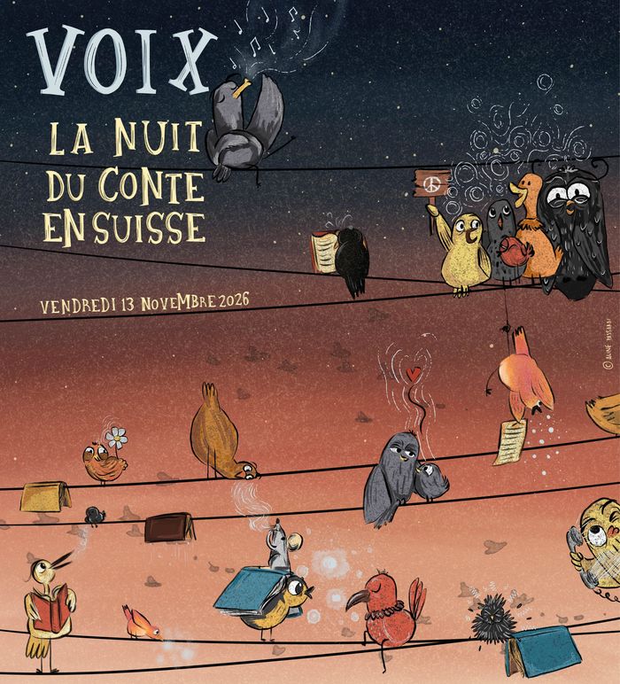 Affiche de la nuit du conte en Suisse avec le thème "Voix"